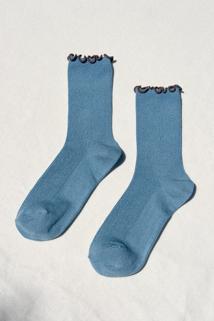 RUFFLED MODAL SOCKS - POWDER BLUE / BROWN EDGE