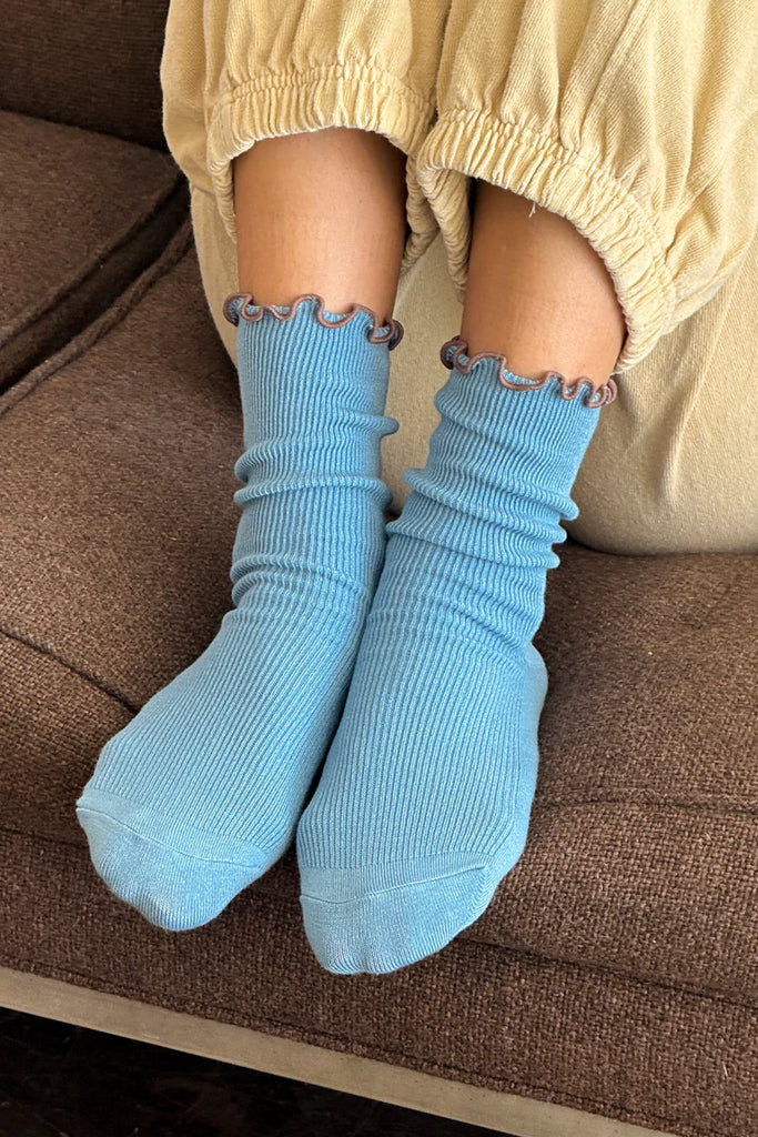 RUFFLED MODAL SOCKS - POWDER BLUE / BROWN EDGE