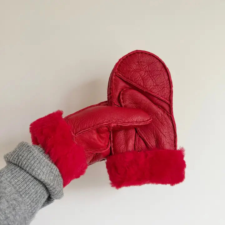 Shearling Mittens in Red Coral