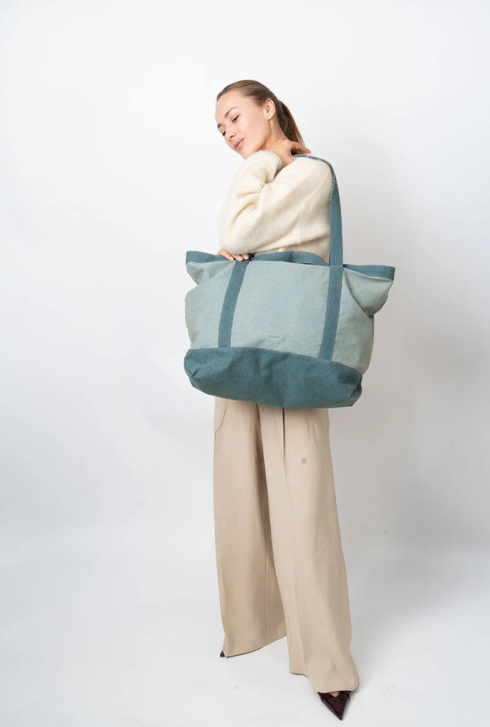 Denim Shopper Tote Bag in Teal Tones