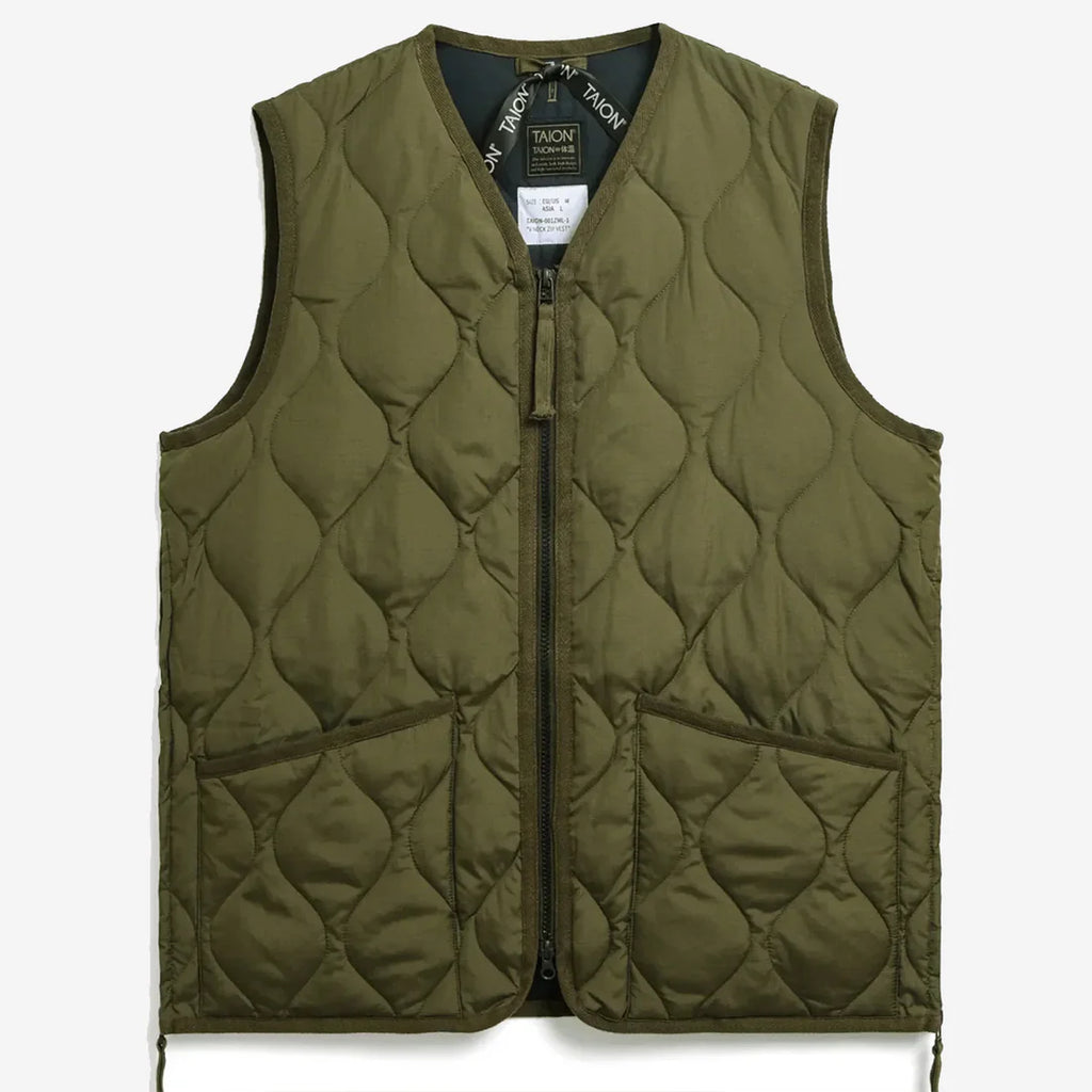 Zip V Neck Down Vest in Dark Olive