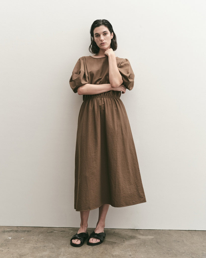 Balloon Sleeve Midi Dress in Brown