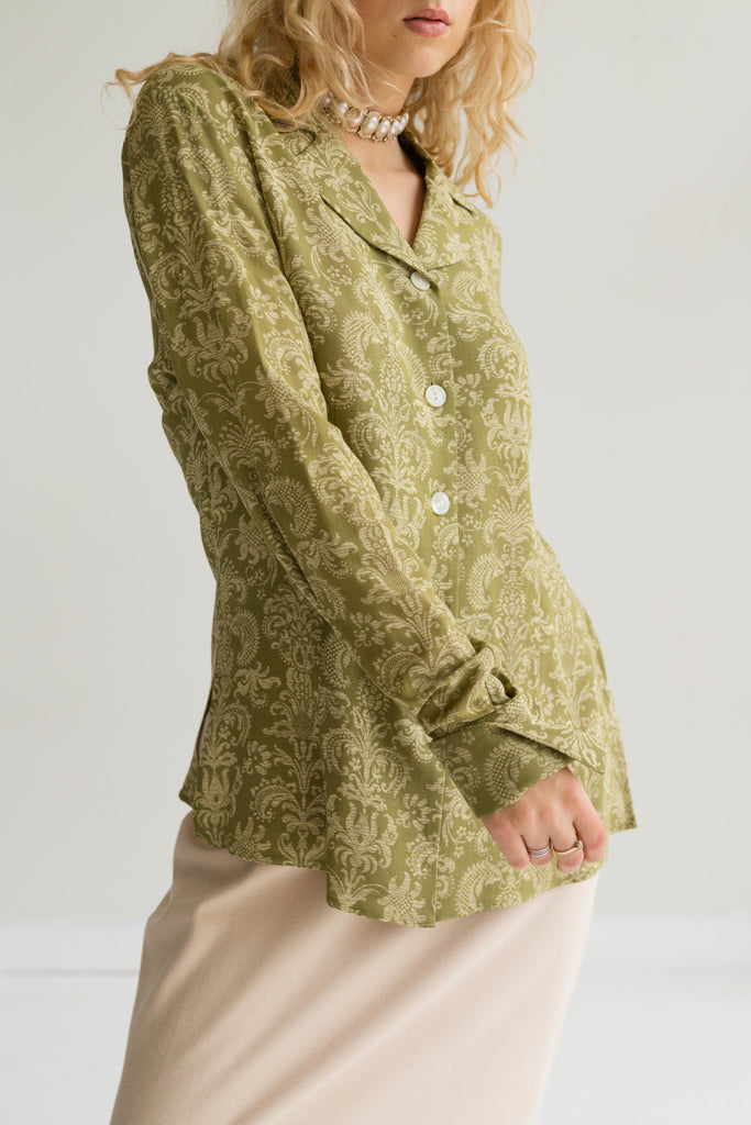 Green Tapestry Print Button Down