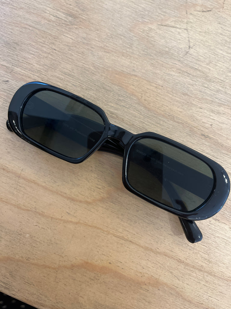 Rounded Corner Black Sunglasses with Green Tint