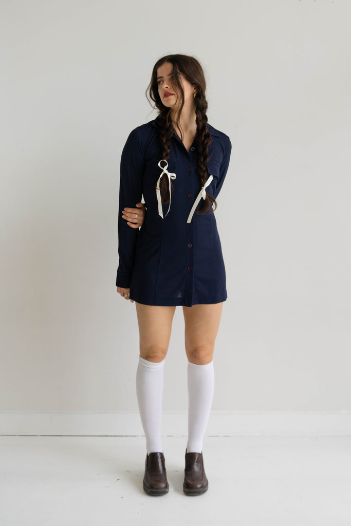 Navy Long Blouse with self Tie