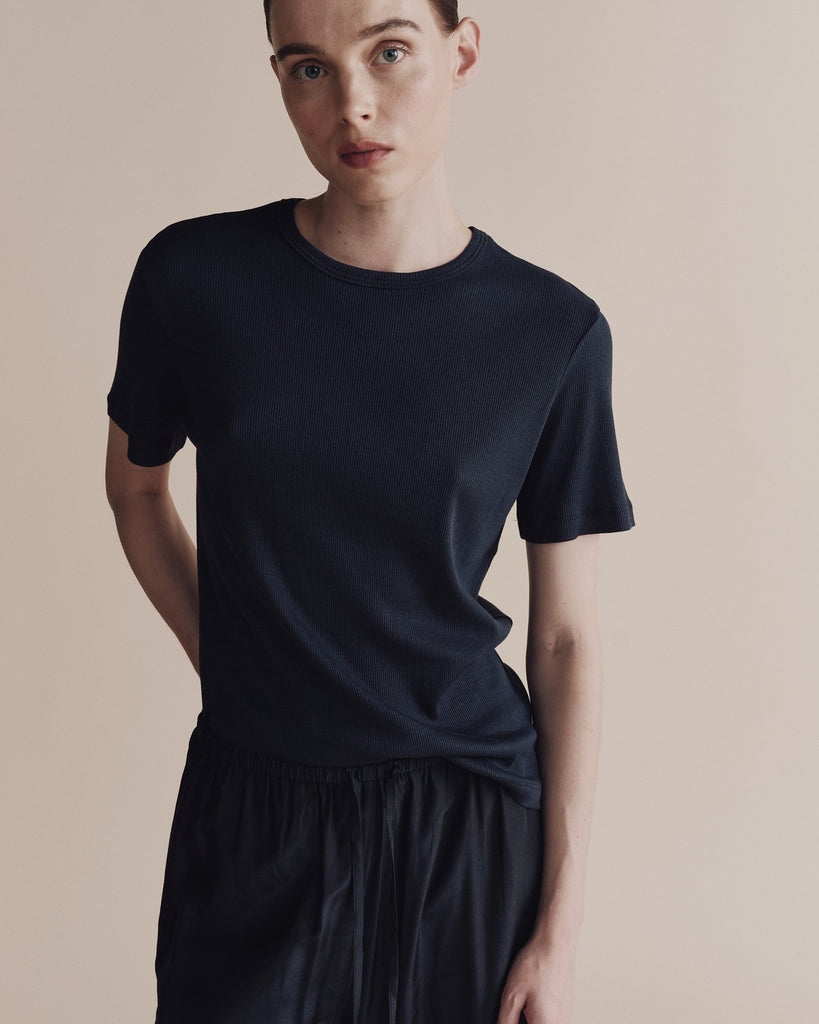 Cotton Tencel Ribbed Tshirt in Navy