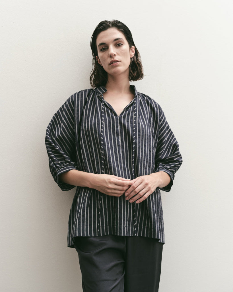 Striped Shirred Blouse in Navy