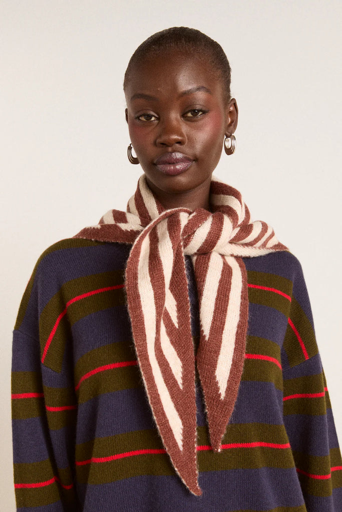 Knitted Triangle Scarf in Chocolate and Ecru Stripe