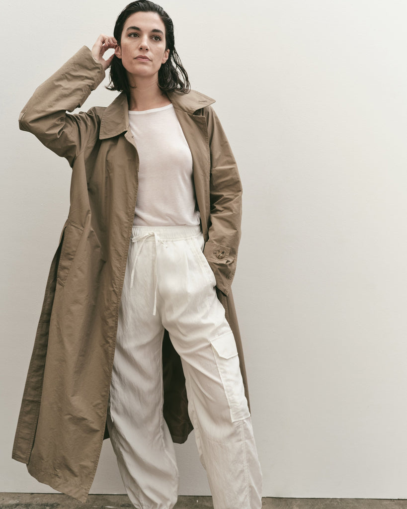 Cotton Blend Long Trench in Dark Tan