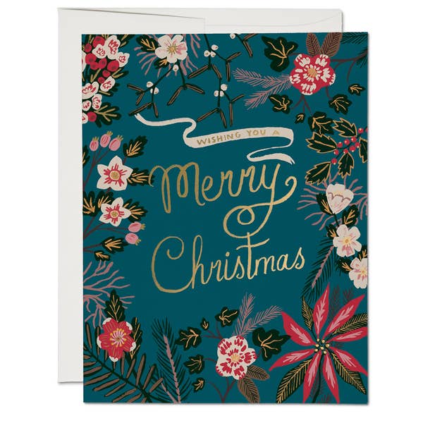 Blue Poinsettia Holiday Christmas Card